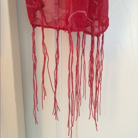 Sheer Deep Red Scarf with Leaf Motif and Gems - Picture 2 of 5